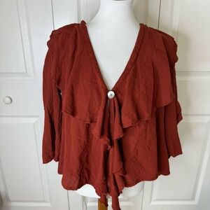Oh My Gauze Ruffle Top, One Size Red Brick, Langenlook Blouse Boho Cotton Tunic